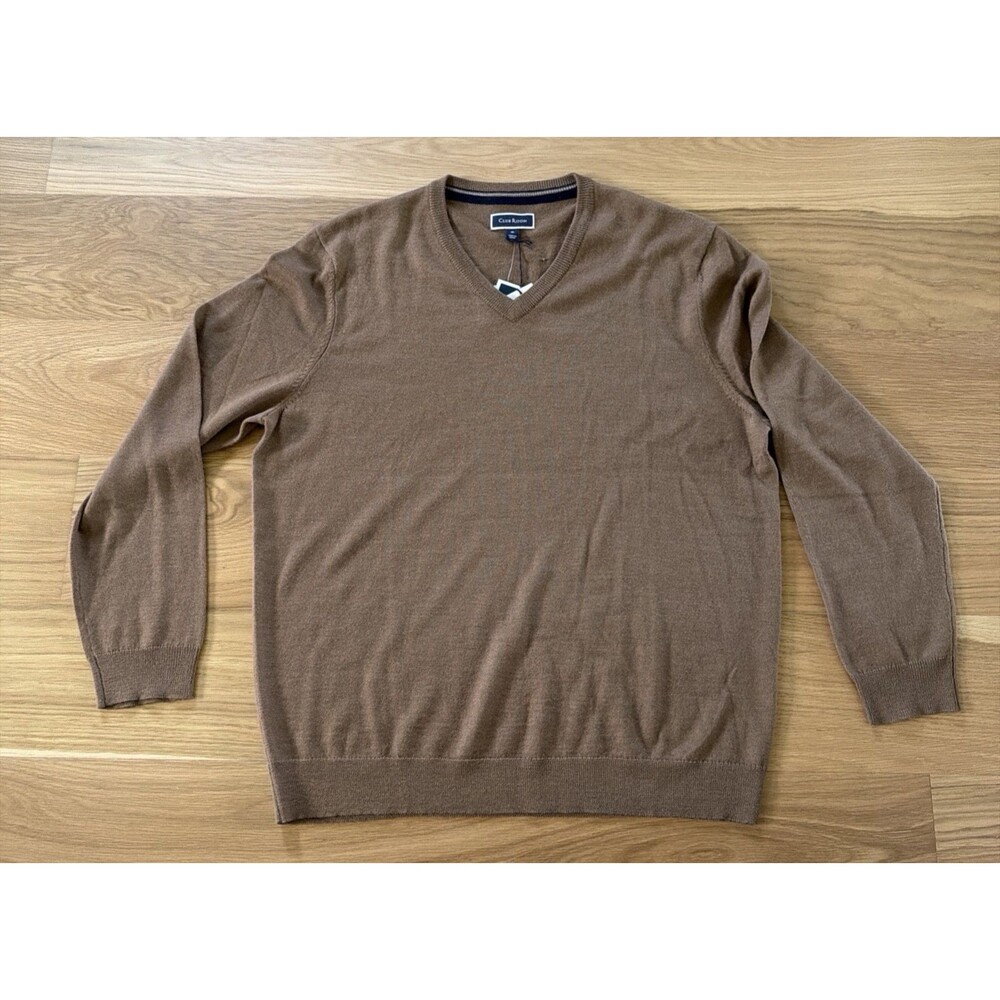 NWT Club Room Men's Solid V Neck Merino Wool Blend Fawn Sweater XL Preppy $75 - Picture 2 of 16